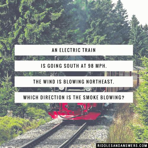 An electric train is going south at 98 mph. the wind is blowing northeast. Which direction is the smoke blowing?