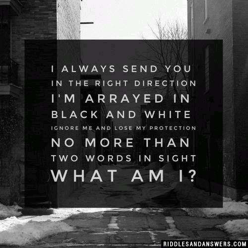 I always send you in the right direction,
I'm arrayed in black and white,
Ignore me and lose my protection,
No more than two words are in sight.

What am I?