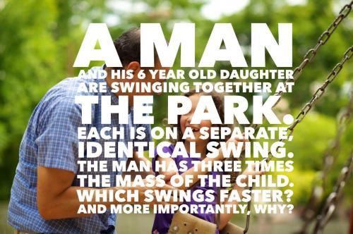 A man and his 6 year old daughter are swinging together at the park. Each is on a separate, identical swing. The man has three times the mass of the child. 

Which swings faster? And more importantly, why?