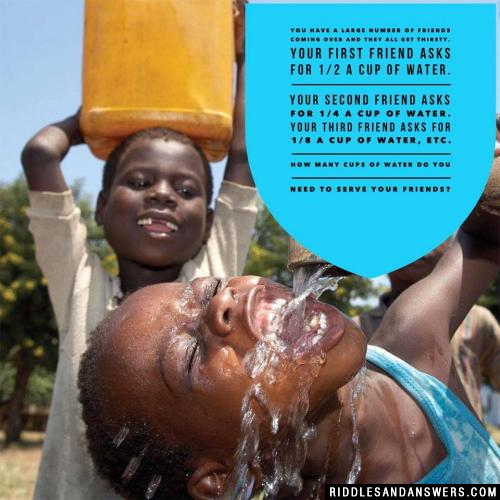 You have a large number of friends coming over and they all get thirsty. Your first friend asks for 1/2 a cup of water. Your second friend asks for 1/4 a cup of water. Your third friend asks for 1/8 a cup of water, etc.

How many cups of water do you need to serve your friends?