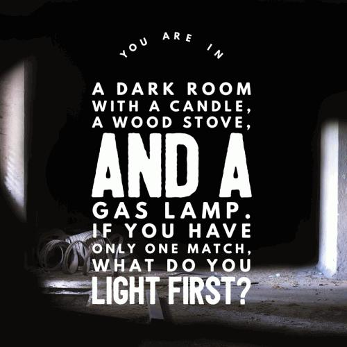 You are in a dark room with a candle, a wood stove, and a gas lamp. If you have only one match, what do you light first?