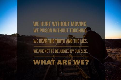 We hurt without moving. We poison without touching. We bear the truth and the lies. We are not to be judged by our size. What are we?