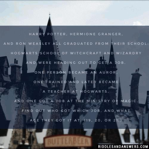 Harry Potter, Hermione Granger, and Ron Weasley all graduated from their School: Hogwarts School of Witchcraft and Wizardry and were heading out to get a job. One person became an Auror, one trained and later became a teacher at Hogwarts, and one got a job at the Ministry of Magic. Find out who got which job, and what age they got it at. (19, 20, or 21.)