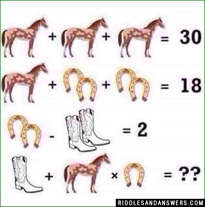 Can you solve the equation by finding the value of 
1. Horse
2. Cowboy boot
3. Horseshoe
4. The last equation. 