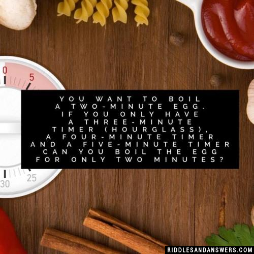 You want to boil a two-minute egg. If you only have a three-minute timer (hourglass), a four-minute timer and a five-minute timer can you boil the egg for only two minutes?