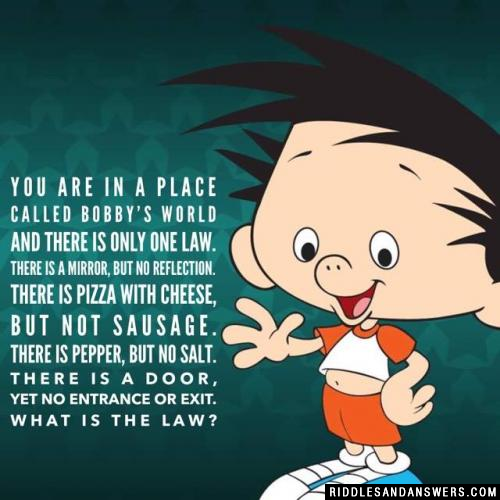 You are in a place called Bobby's world and there is only one Law. There is a mirror, but no reflection. There is pizza with cheese, but not sausage. There is pepper, but no salt. There is a door, yet no entrance or exit. What is the law?