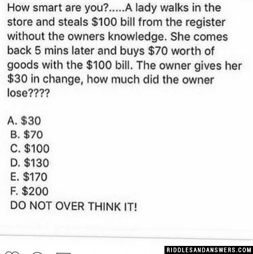 How smart are you?.....A lady walks in the store and steals $100 bill from the register without the owners knowledge. She comes back 5 mins later and buys $70 worth of goods with the $100 bill. The owner gives her $30 in change, how much did the owner lose????

A. $30
B. 70
C. $100
D. $130
E. $170
F. $200
DO NOT OVER THINK IT!