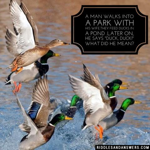 A man walks into a park with his wife.They feed ducks in a pond .Later on, he says "Duck, Duck!"

What did he mean?