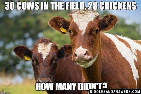 There are 30 cows in a field and 28 chickens, how many didn't?