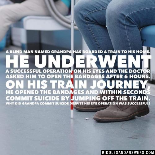 A blind man named Grandpa has boarded a train to his home. He underwent a successful operation on his eyes and the doctor asked him to open the bandages after 6 hours. On his train journey, he opened the bandages and within seconds commit suicide by jumping off the train. 

Why did Grandpa commit suicide despite his eye operation was successful? 