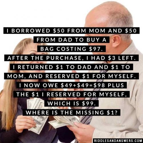 I borrowed $50 from mom and $50 from dad to buy a bag costing $97. After the purchase, I had $3 left. I returned $1 to dad and $1 to mom, and reserved $1 for myself. I now owe $49+$49=$98 plus the $1 I reserved for myself, which is $99. Where is the missing $1?
