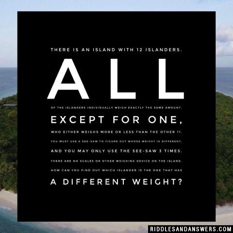 There is an island with 12 islanders. All of the islanders individually weigh exactly the same amount, except for one, who either weighs more or less than the other 11.

You must use a see-saw to figure out whose weight is different, and you may only use the see-saw 3 times. There are no scales or other weighing device on the island.

How can you find out which islander is the one that has a different weight?