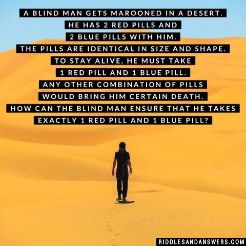 A blind man gets marooned in a desert. He has 2 red pills and 2 blue pills with him. The pills are identical in size and shape. To stay alive, he must take 1 red pill and 1 blue pill.

Any other combination of pills would bring him certain death. How can the blind man ensure that he takes exactly 1 red pill and 1 blue pill?