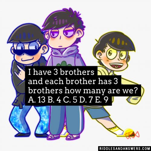 I have 3 brothers and each brother has 3 brothers how many are we?

A. 13

B. 4

C. 5

D. 7

E. 9