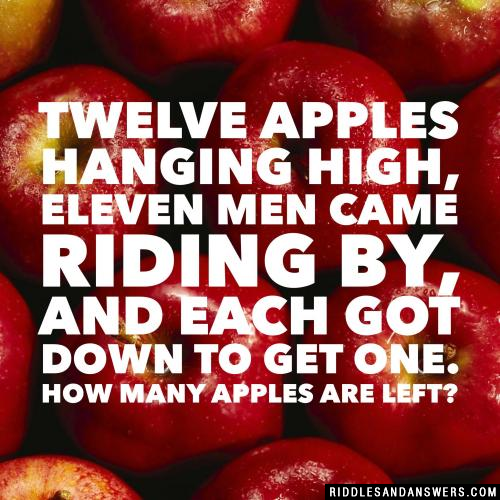 Twelve apples hanging high, Eleven men came riding by, and Each got down to get one. How many apples are left?