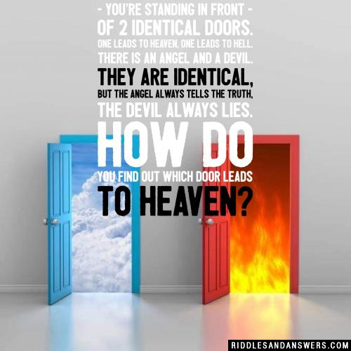 You're standing in front of 2 identical doors.
One leads to heaven, one leads to hell.
There is an angel and a devil.
They are identical, but the angel always tells the truth, the devil always lies.

How do you find out which door leads to heaven?