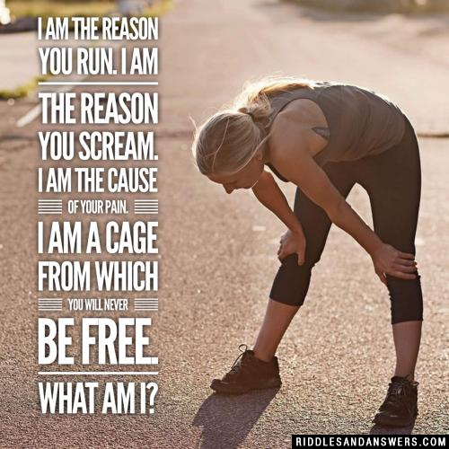 I am the reason you run. I am the reason you scream. I am the cause of your pain. I am a cage from which you will never be free.

What am I?