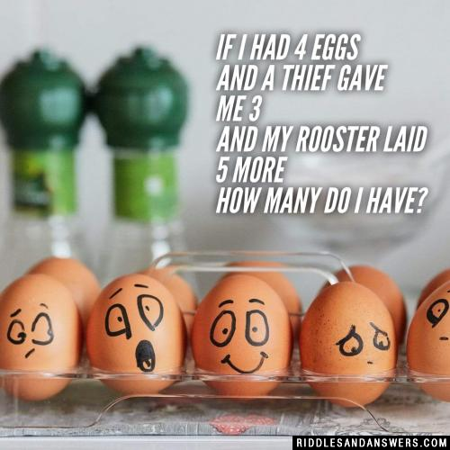 If I had 4 eggs
and a thief gave me 3
and my rooster laid 5 more
How many do I have?