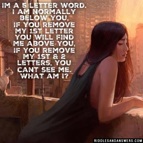 Im a 5 letter word.
I am normally below you,
If you remove my 1st letter you will find me above you,
If you remove my 1st & 2 letters, you cant see me.
What am I?