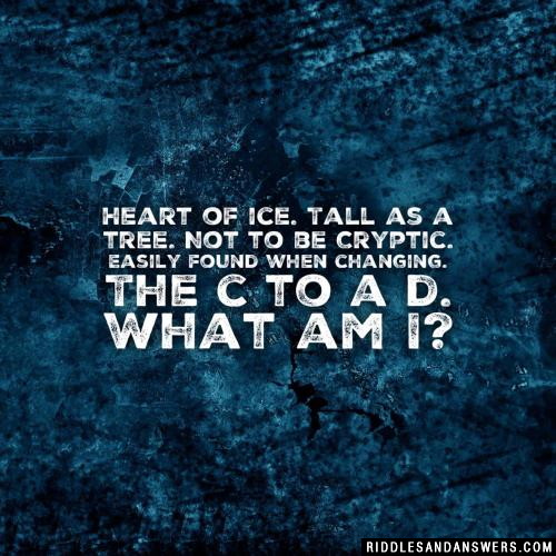 Heart of ice. Tall as a tree. Not to be Cryptic. Easily found when changing. The c to a d.

What am I?
