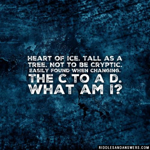 Heart of ice. Tall as a tree. Not to be Cryptic. Easily found when changing. The c to a d.

What am I?