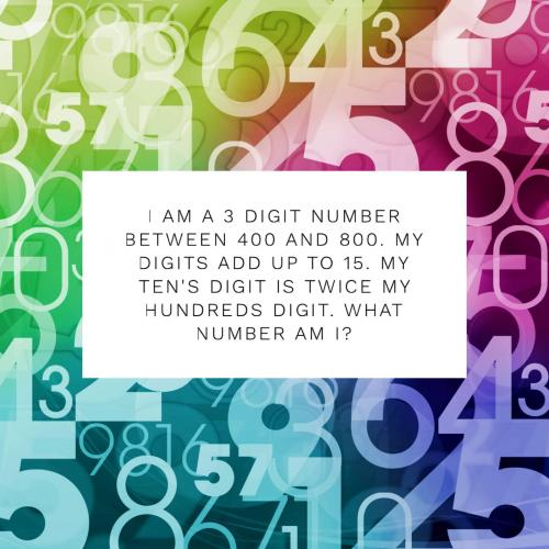 I am a 3 digit number between 400 and 800. My digits add up to 15. My ten's digit is twice my hundreds digit. What number am i?