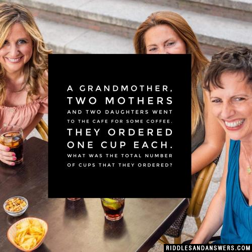 A grandmother, two mothers and two daughters went to the cafe for some coffee. They ordered one cup each. What was the total number of cups that they ordered?