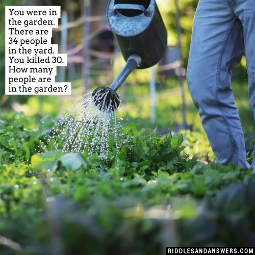 You were in the garden. There are 34 people in the yard. You killed 30. How many people are in the garden?
